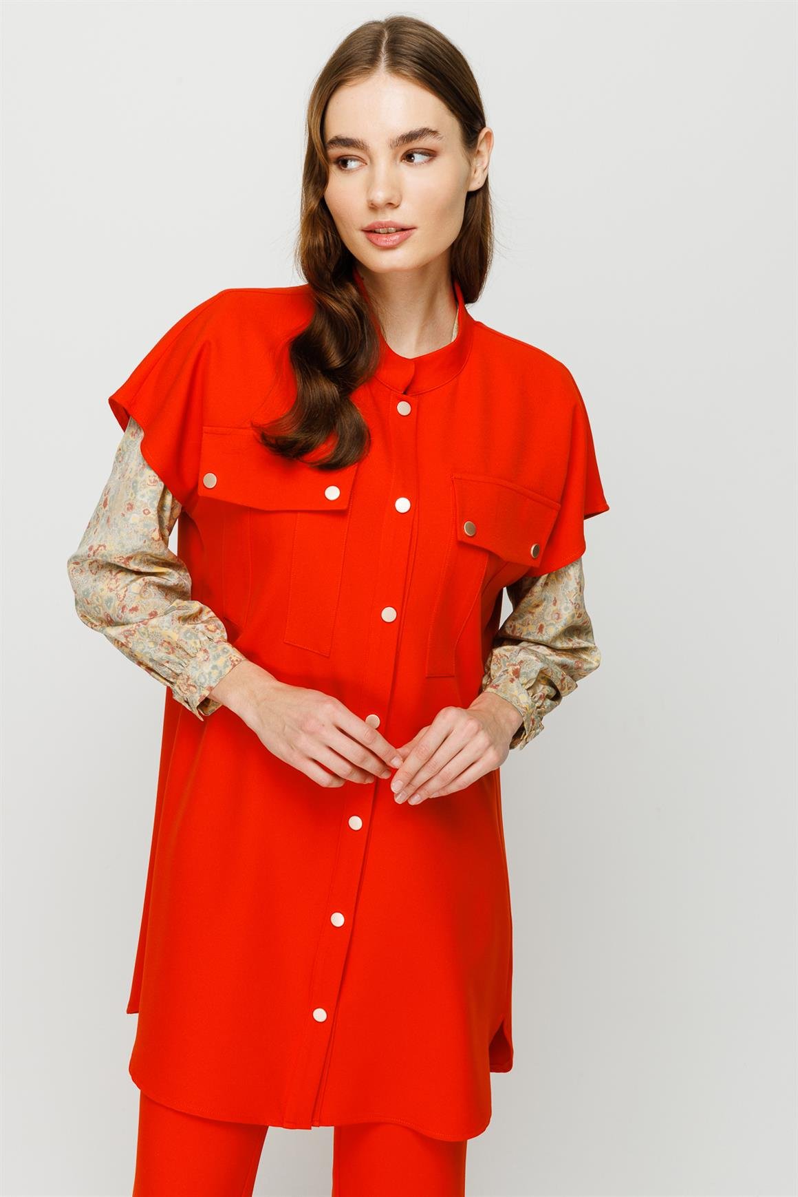 Çıt Çıt Kapamalı Cep Detaylı Yelek Pantolon Takım  Oranj