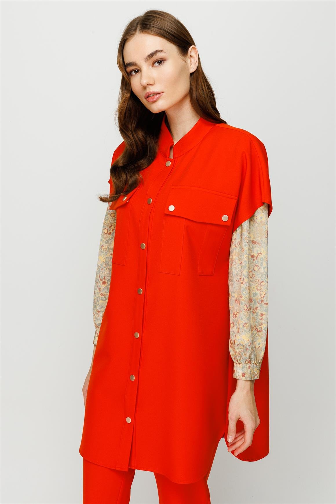 Çıt Çıt Kapamalı Cep Detaylı Yelek Pantolon Takım  Oranj