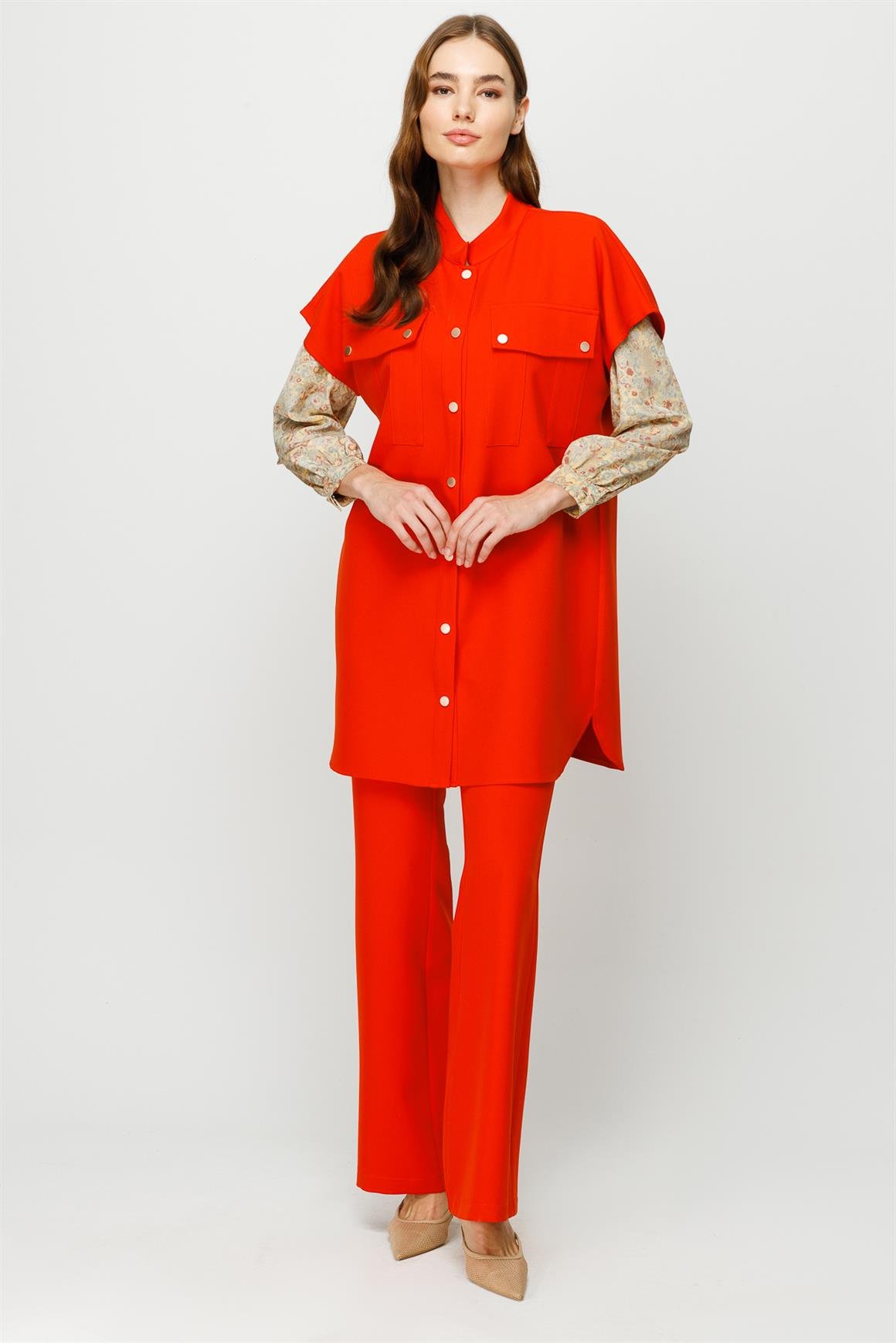 Çıt Çıt Kapamalı Cep Detaylı Yelek Pantolon Takım  Oranj