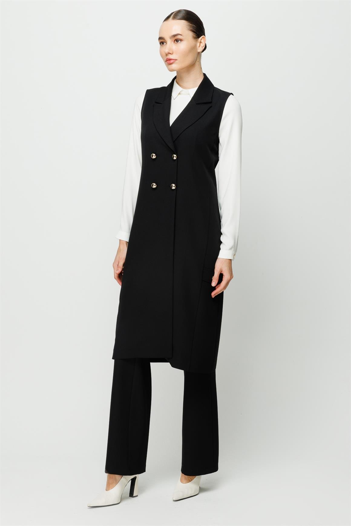 Kruvaze Kapamalı Tunik Yelek Pantolon Takım  Siyah