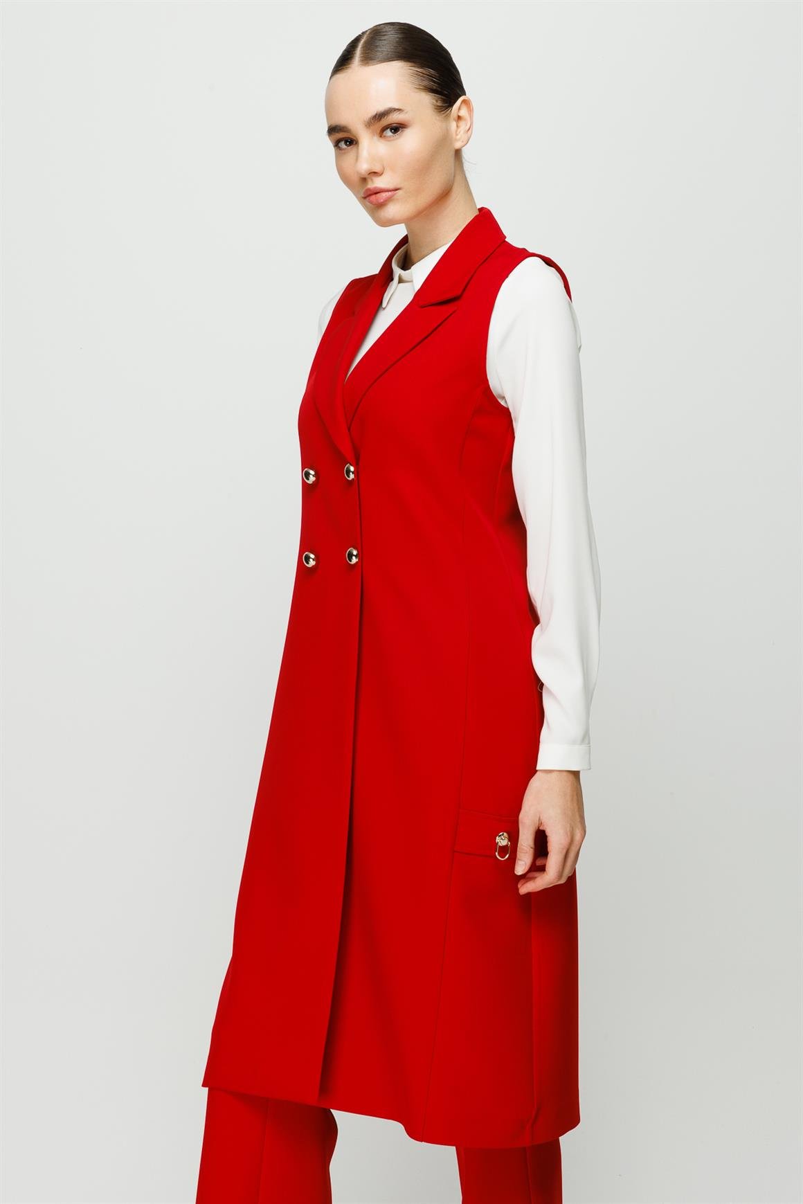 Kruvaze Kapamalı Tunik Yelek Pantolon Takım  Kırmızı