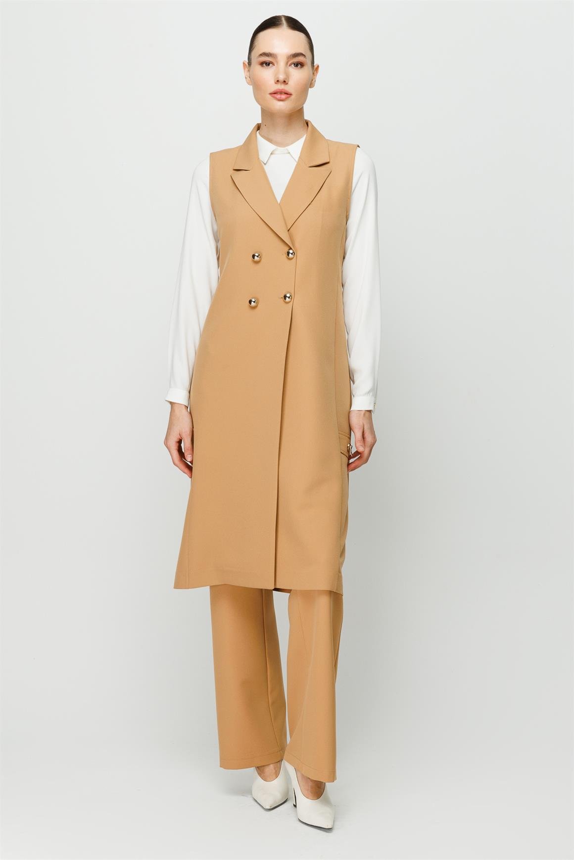 Kruvaze Kapamalı Tunik Yelek Pantolon Takım  Camel