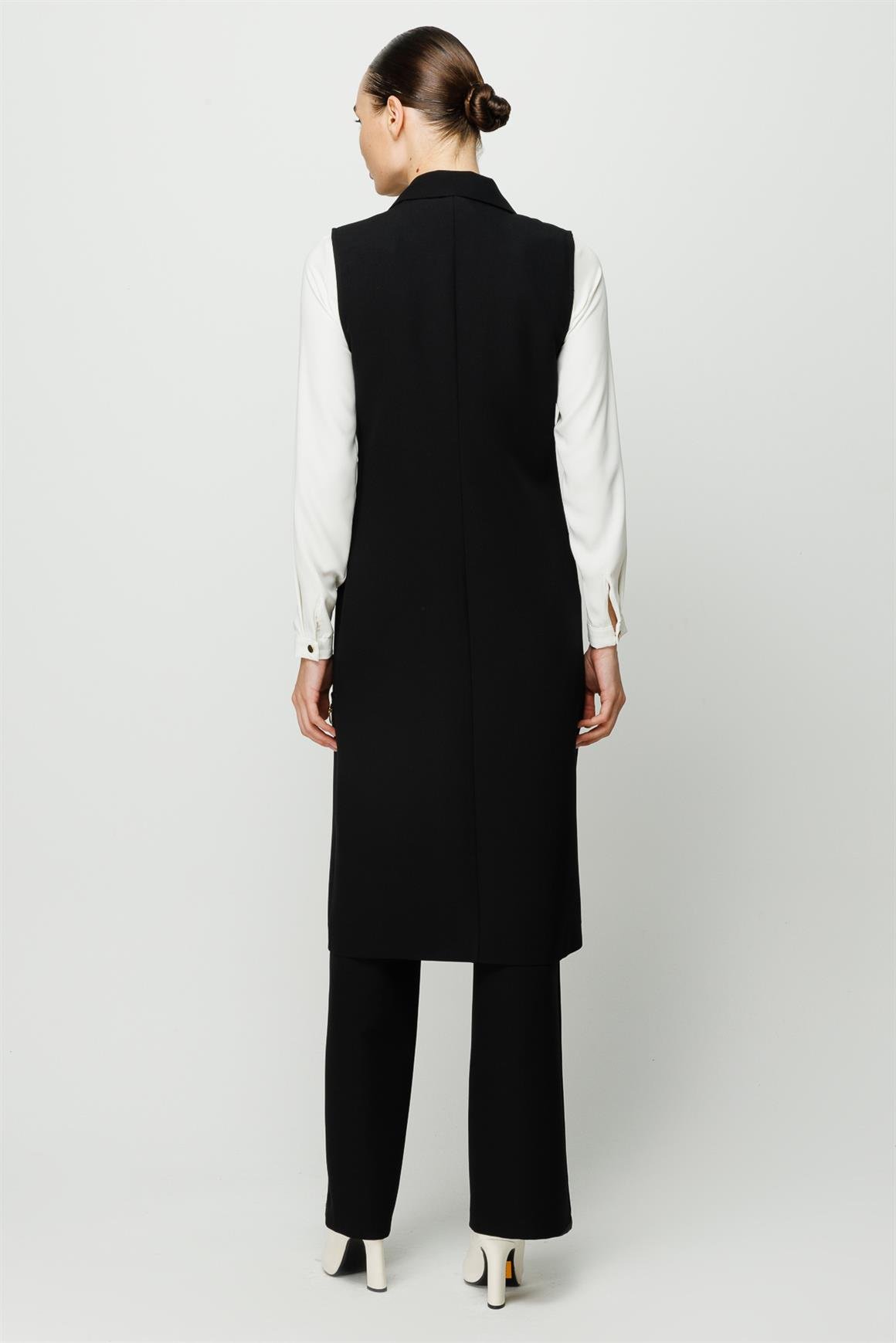 Kruvaze Kapamalı Tunik Yelek Pantolon Takım  Siyah