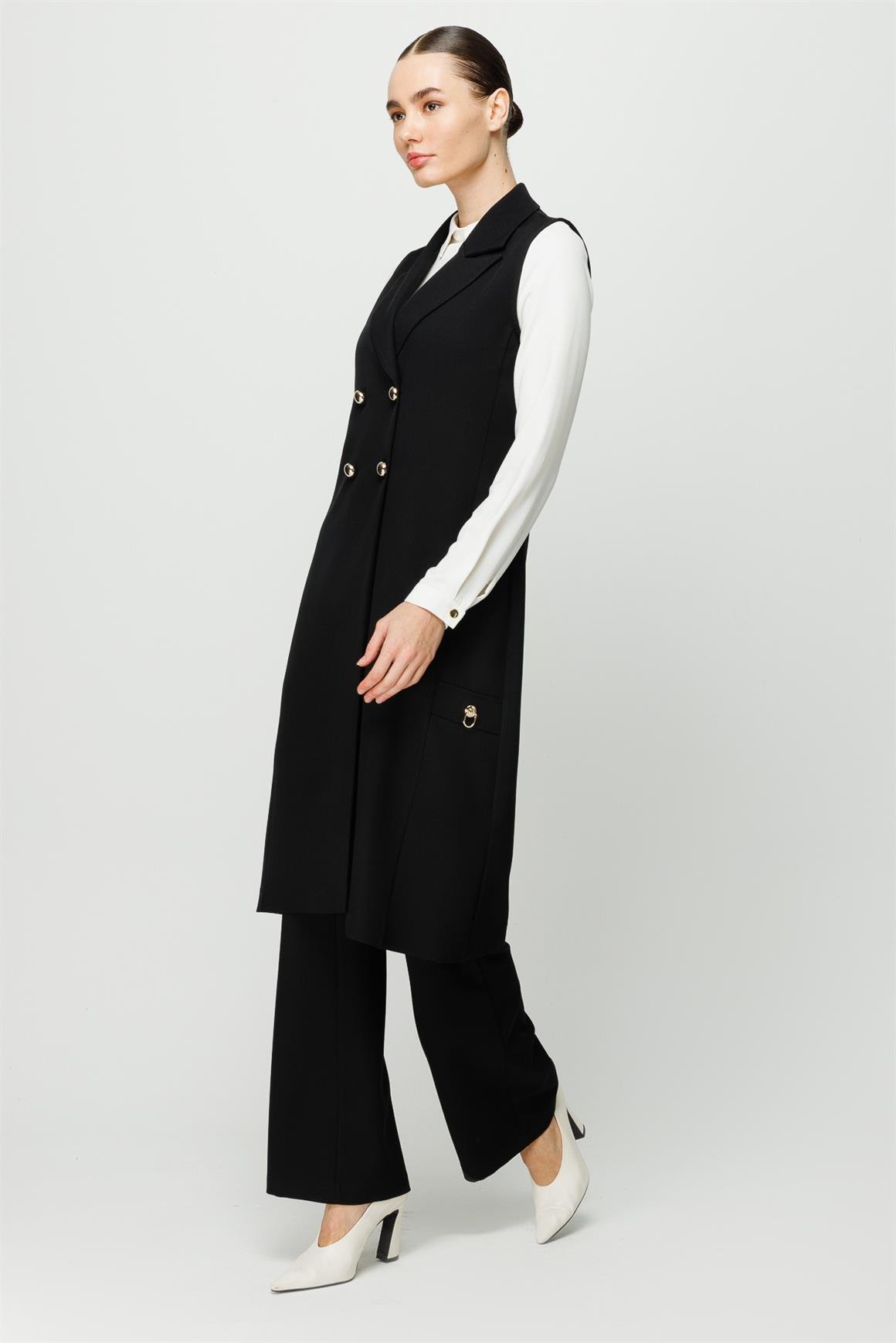 Kruvaze Kapamalı Tunik Yelek Pantolon Takım  Siyah