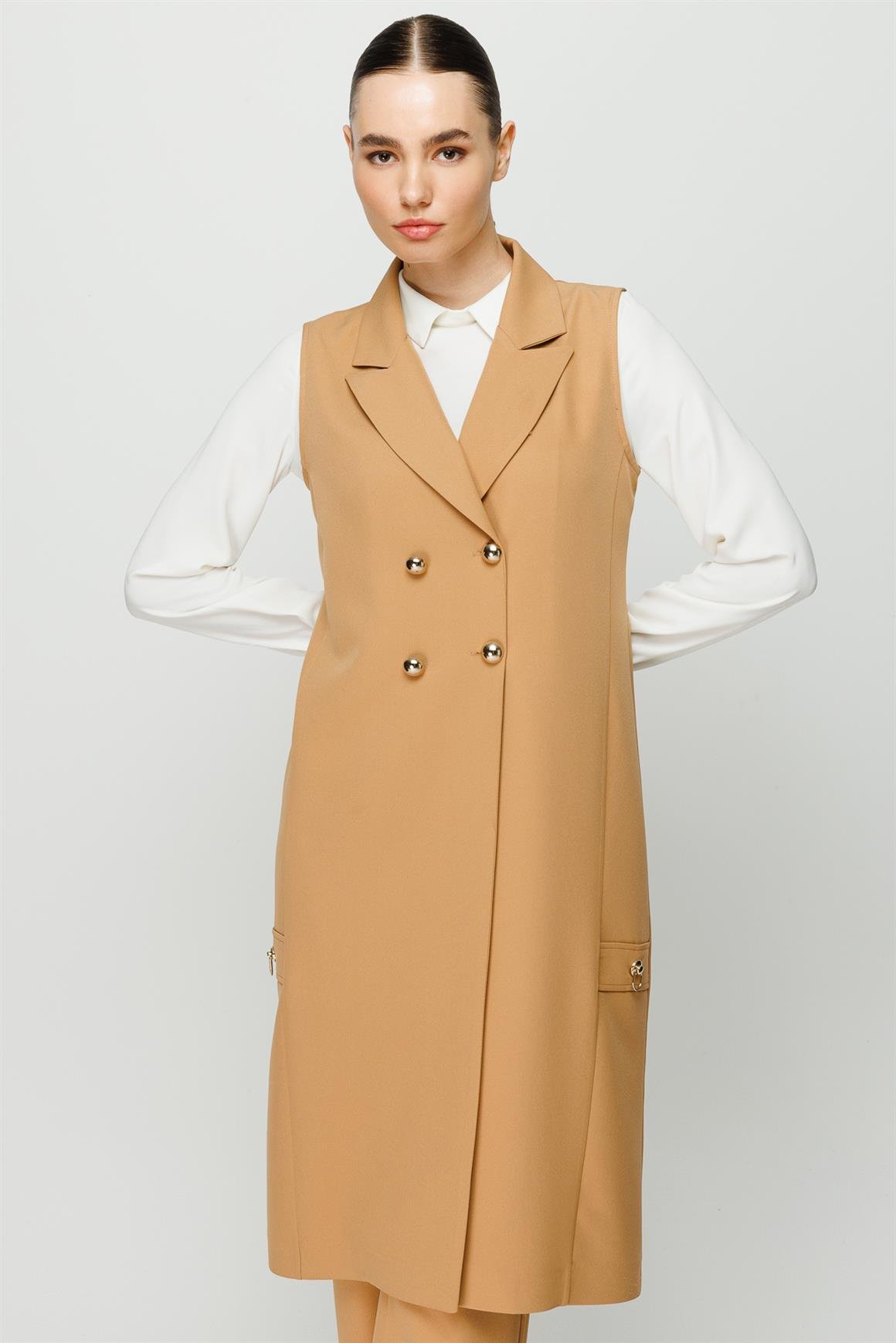 Kruvaze Kapamalı Tunik Yelek Pantolon Takım  Camel