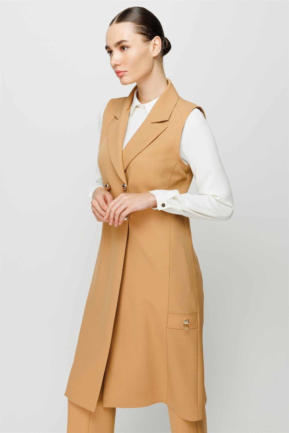 Kruvaze Kapamalı Tunik Yelek Pantolon Takım  Camel