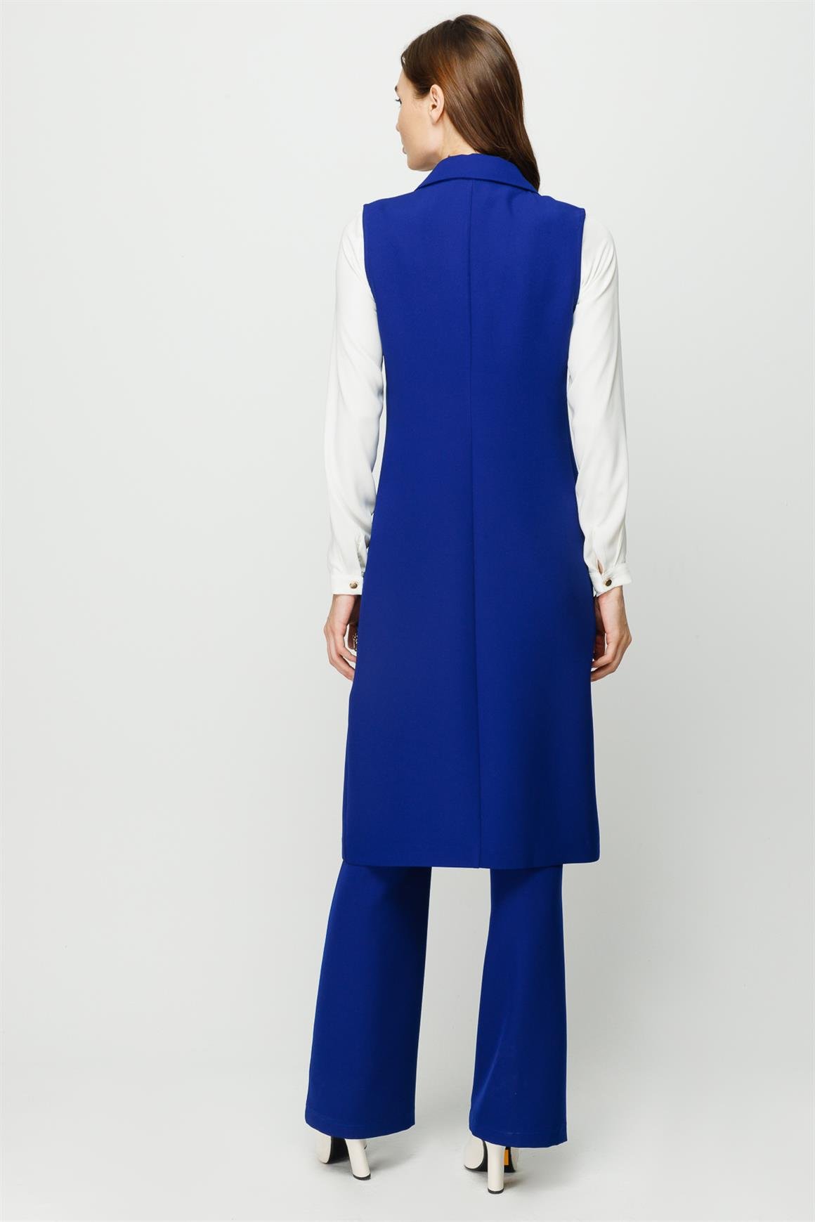 Kruvaze Kapamalı Tunik Yelek Pantolon Takım  Saks