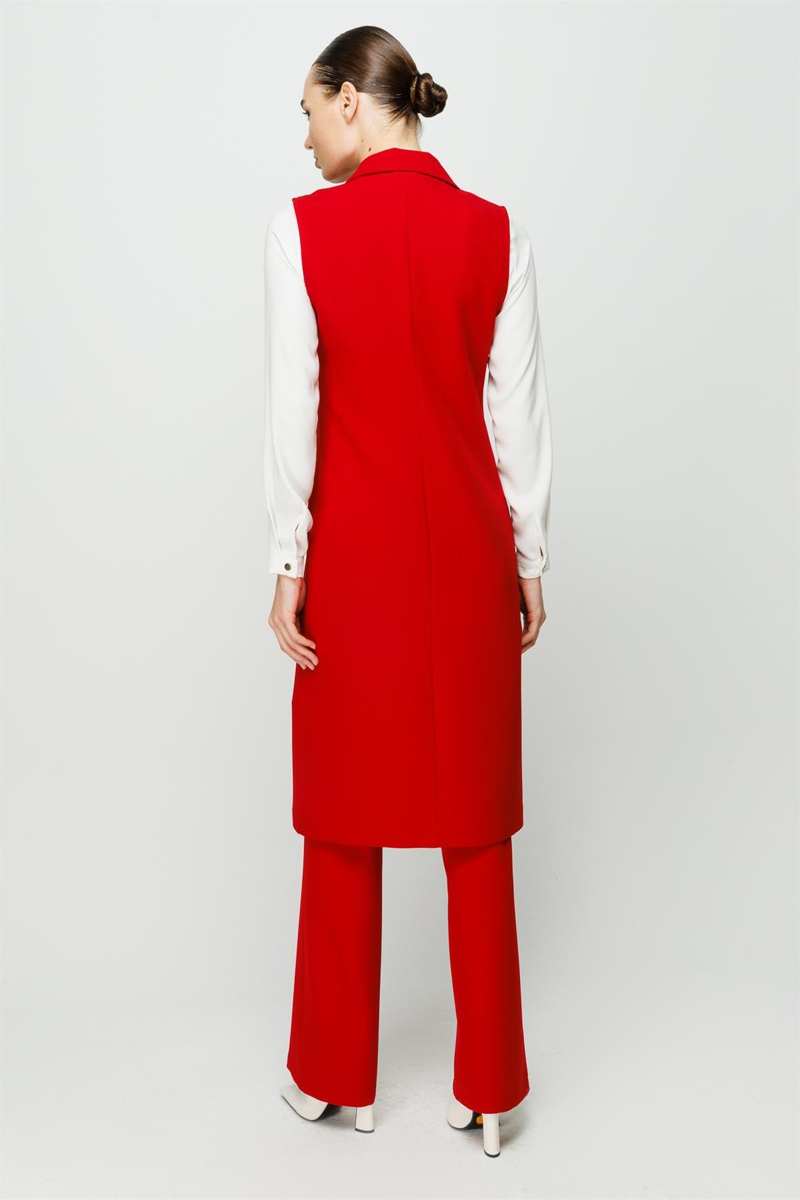 Kruvaze Kapamalı Tunik Yelek Pantolon Takım  Kırmızı