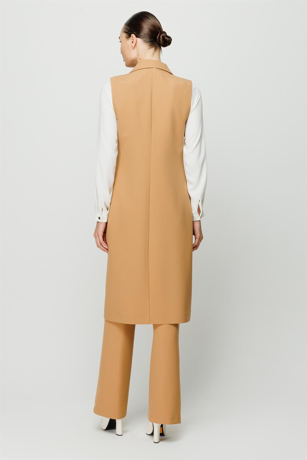 Kruvaze Kapamalı Tunik Yelek Pantolon Takım  Camel