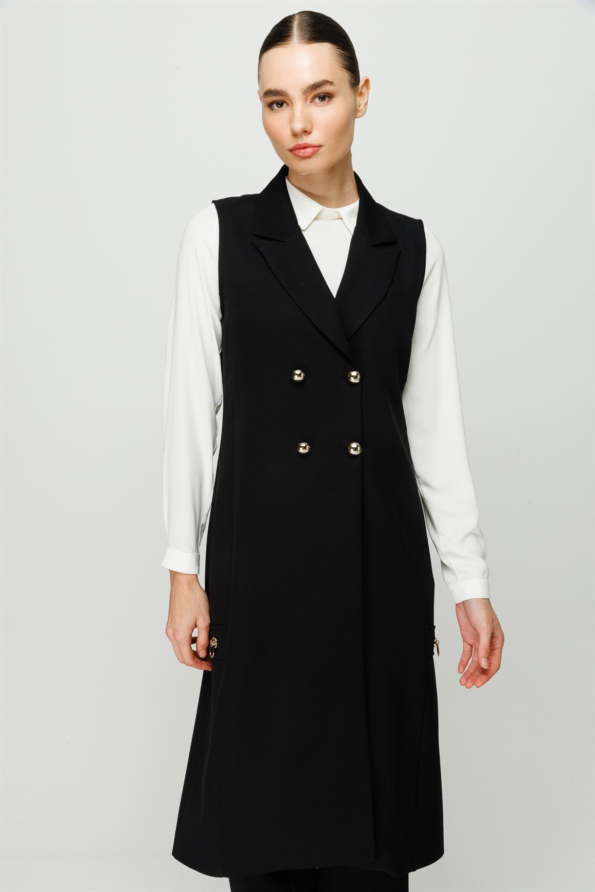 Kruvaze Kapamalı Tunik Yelek Pantolon Takım  Siyah