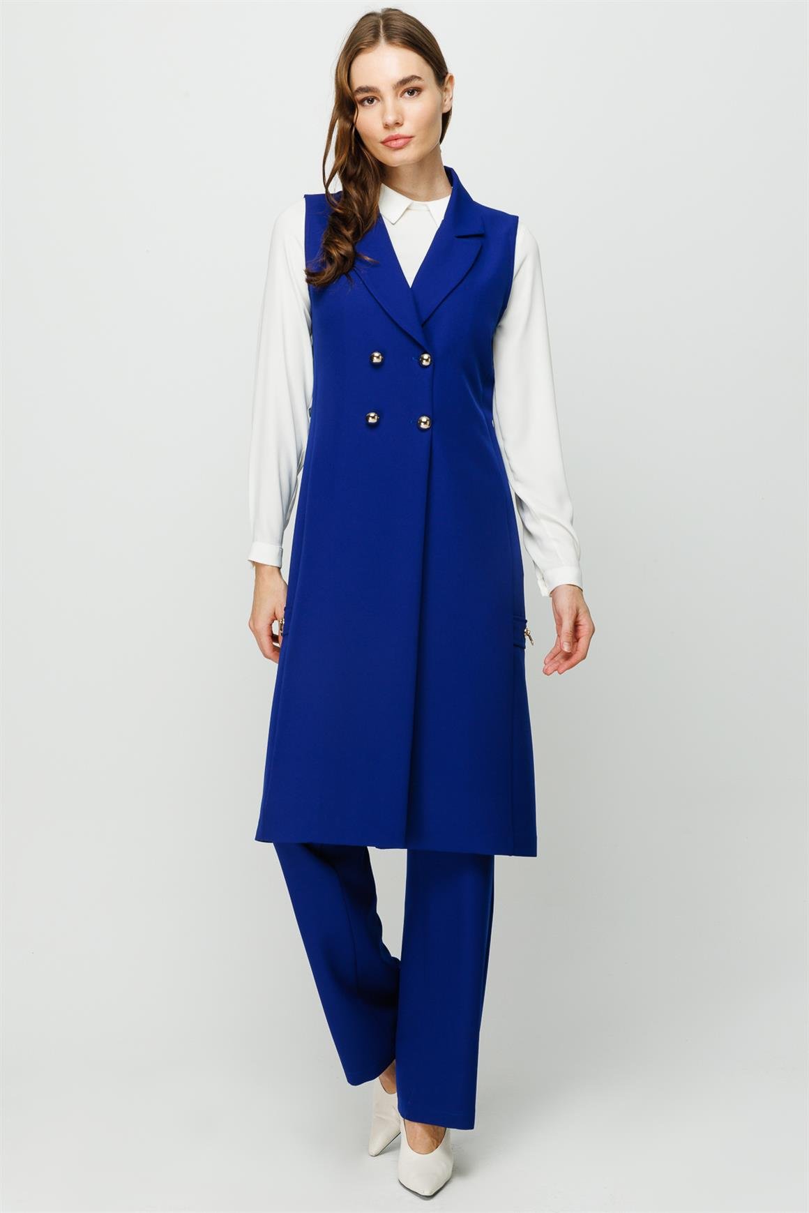 Kruvaze Kapamalı Tunik Yelek Pantolon Takım  Saks