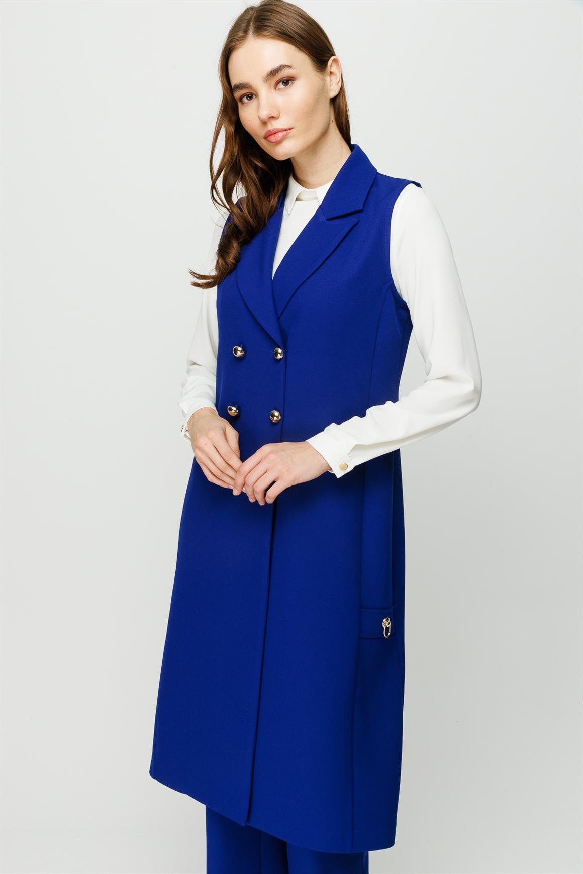 Kruvaze Kapamalı Tunik Yelek Pantolon Takım  Saks