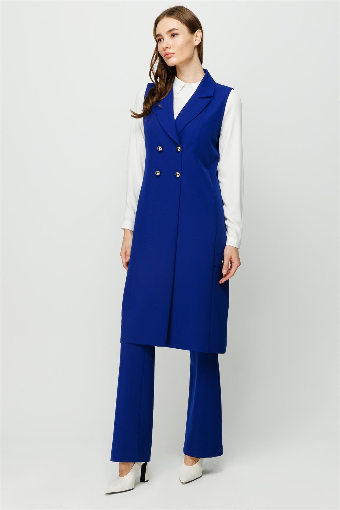 Kruvaze Kapamalı Tunik Yelek Pantolon Takım  Saks