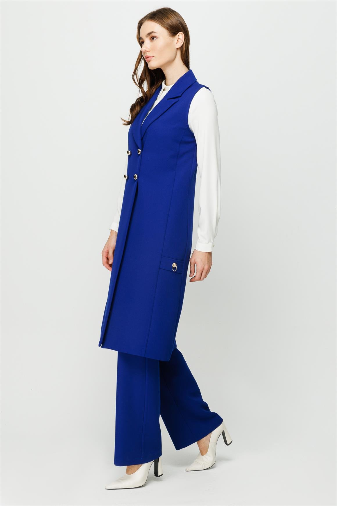 Kruvaze Kapamalı Tunik Yelek Pantolon Takım  Saks