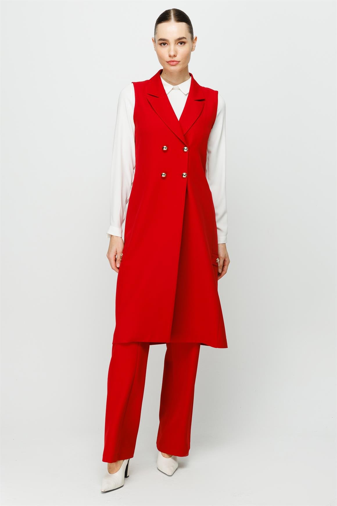Kruvaze Kapamalı Tunik Yelek Pantolon Takım  Kırmızı