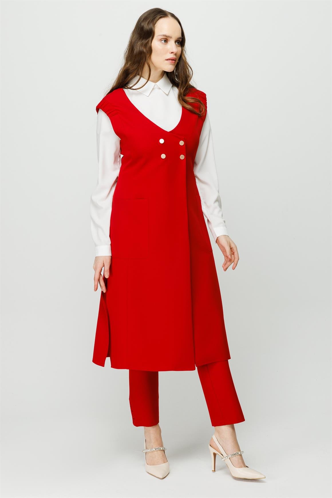 Kruvaze Kapamalı Yelek Pantolon Takım  Kırmızı