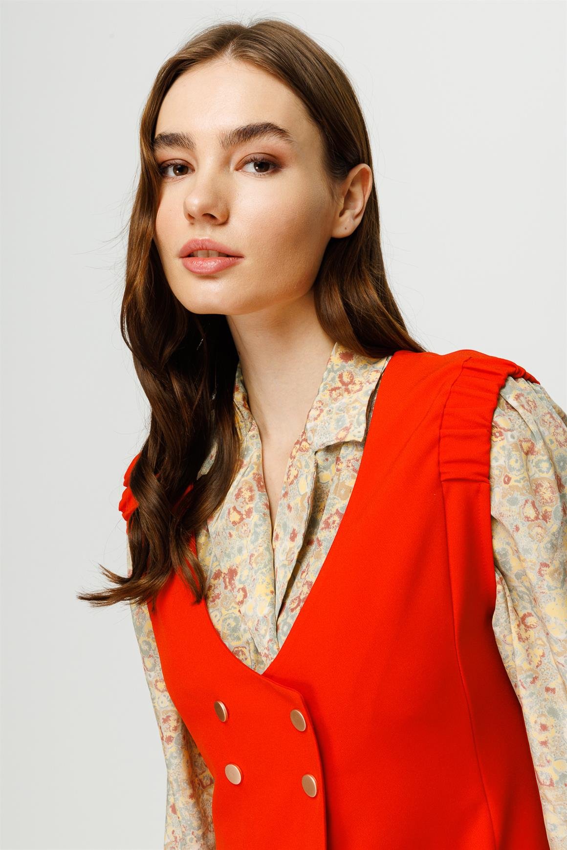 Kruvaze Kapamalı Yelek Pantolon Takım  Oranj