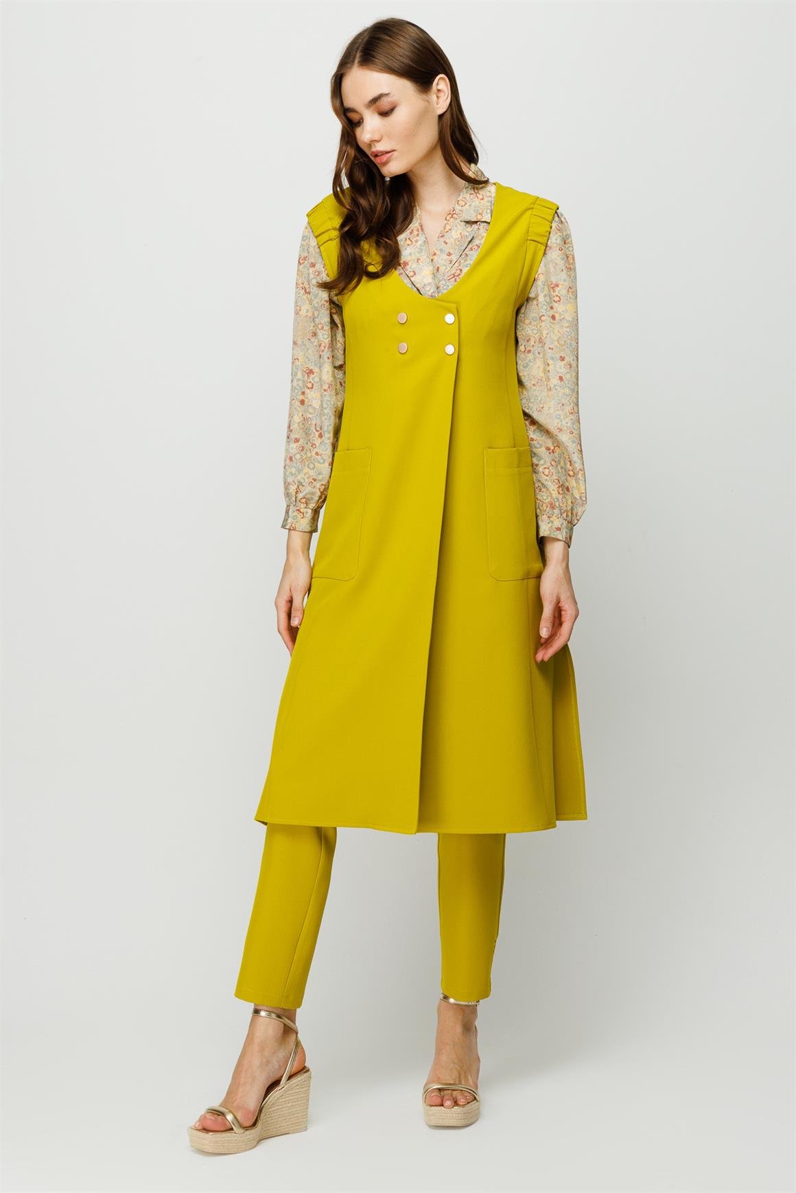 Kruvaze Kapamalı Yelek Pantolon Takım  Fıstık Yeşili