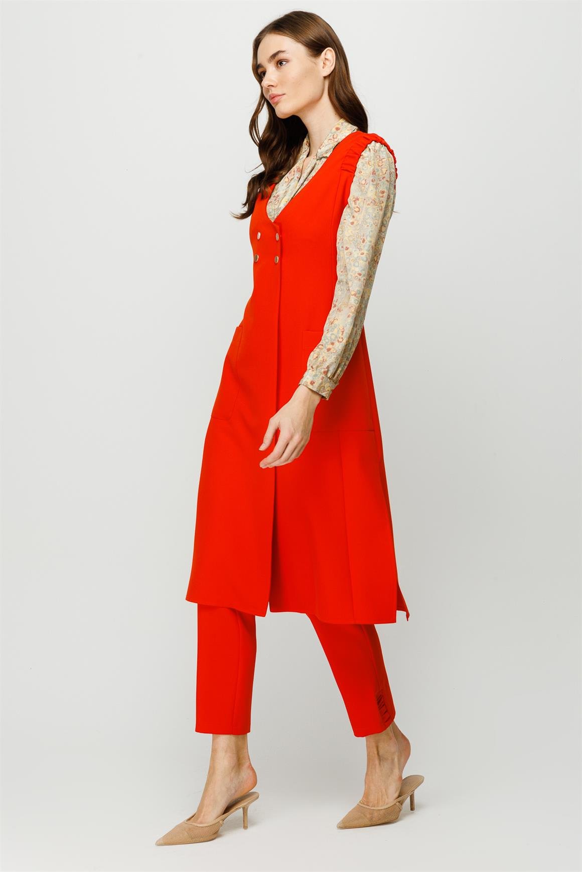 Kruvaze Kapamalı Yelek Pantolon Takım  Oranj