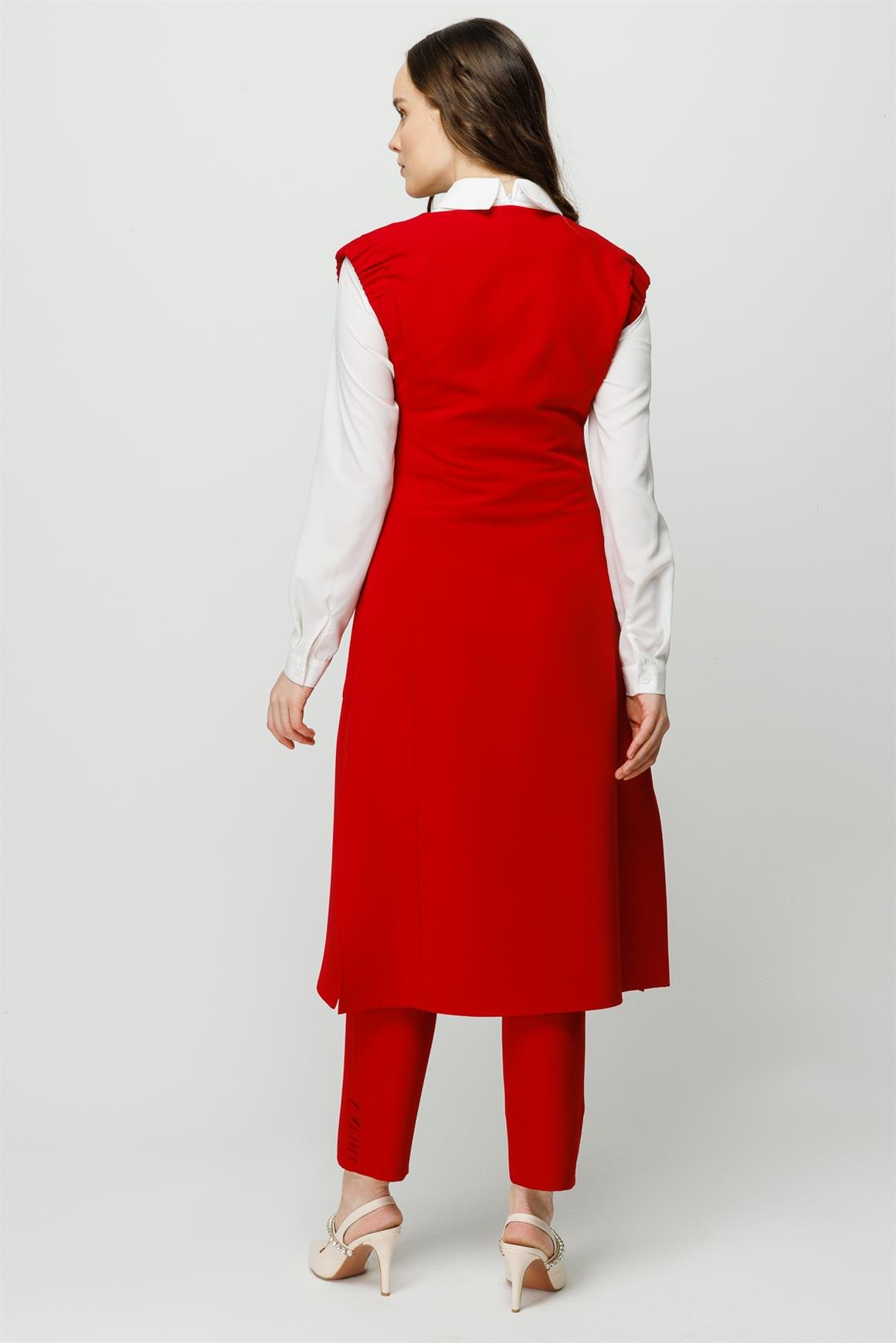 Kruvaze Kapamalı Yelek Pantolon Takım  Kırmızı