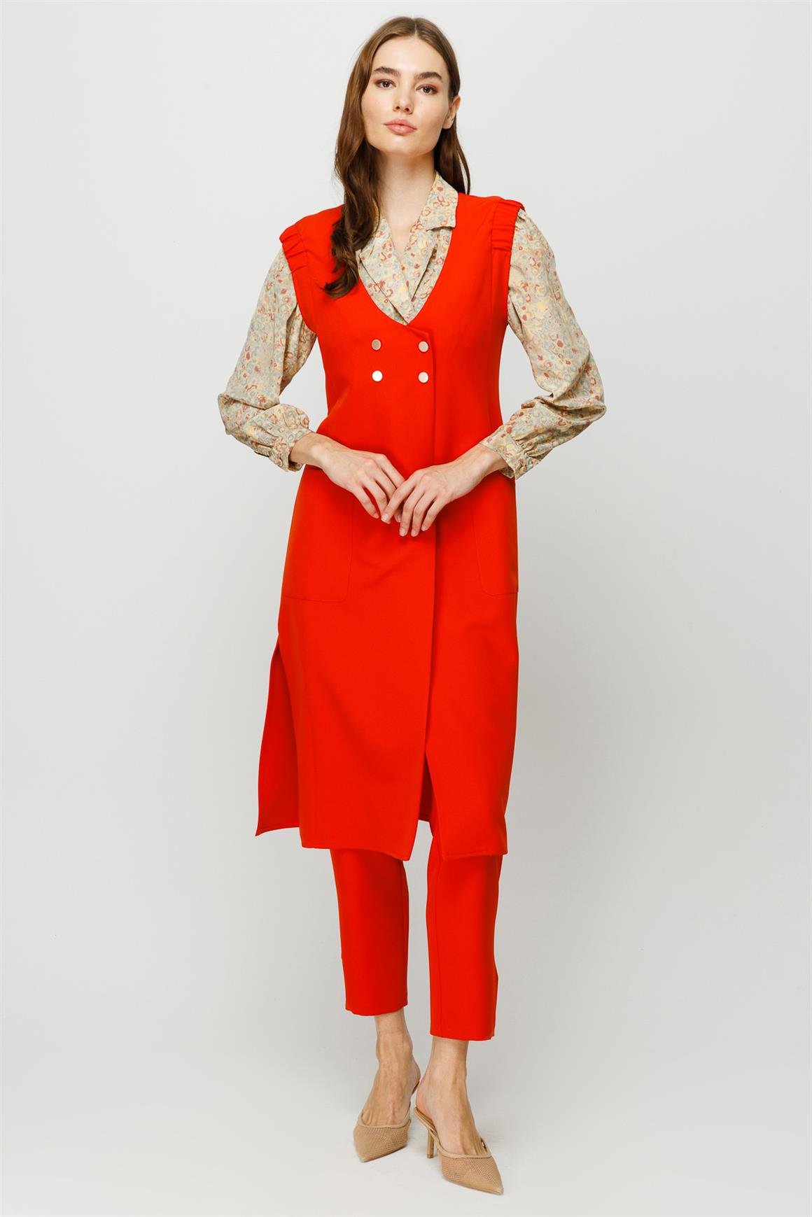 Kruvaze Kapamalı Yelek Pantolon Takım  Oranj