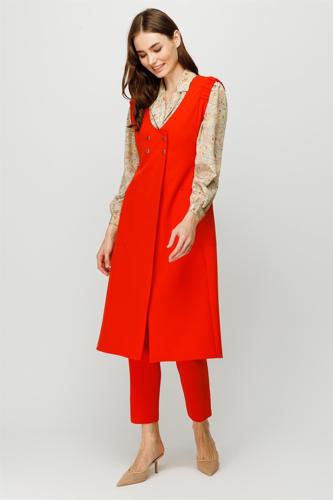 Kruvaze Kapamalı Yelek Pantolon Takım  Oranj