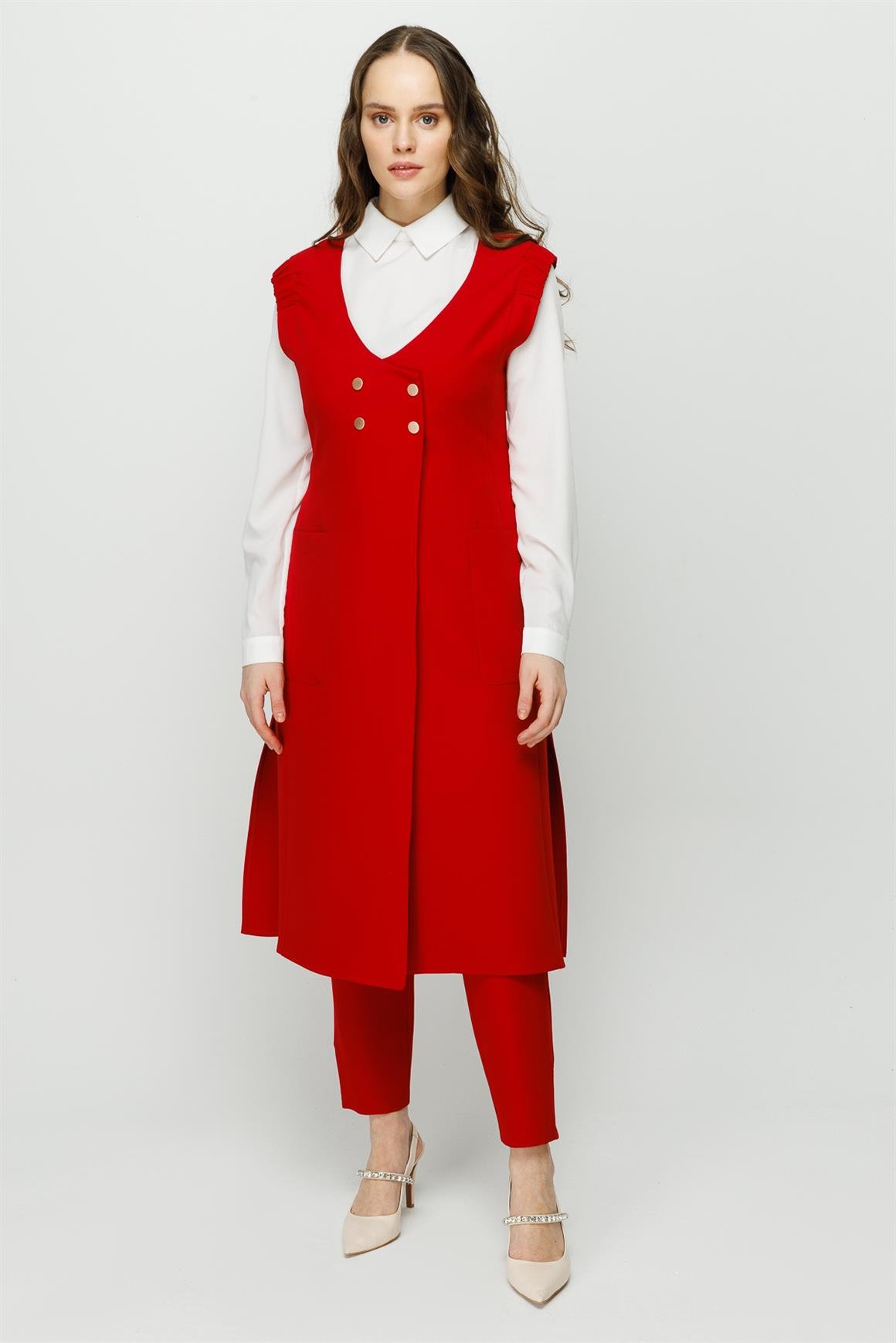 Kruvaze Kapamalı Yelek Pantolon Takım  Kırmızı