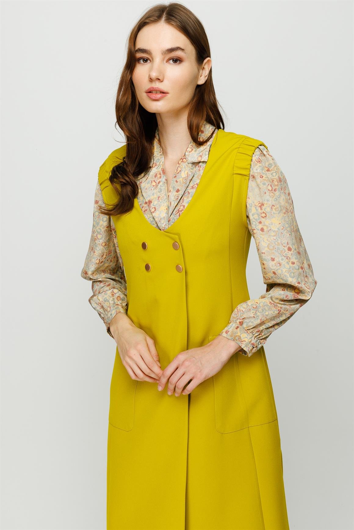 Kruvaze Kapamalı Yelek Pantolon Takım  Fıstık Yeşili