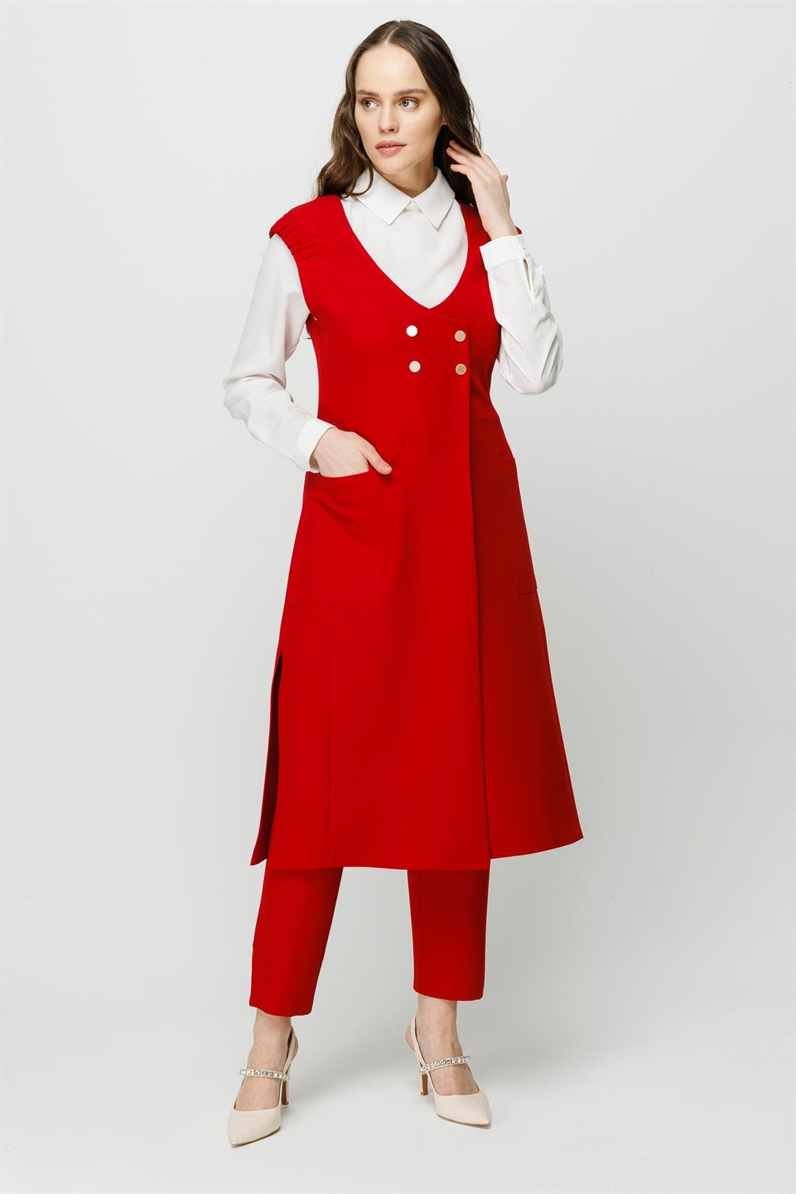 Kruvaze Kapamalı Yelek Pantolon Takım  Kırmızı