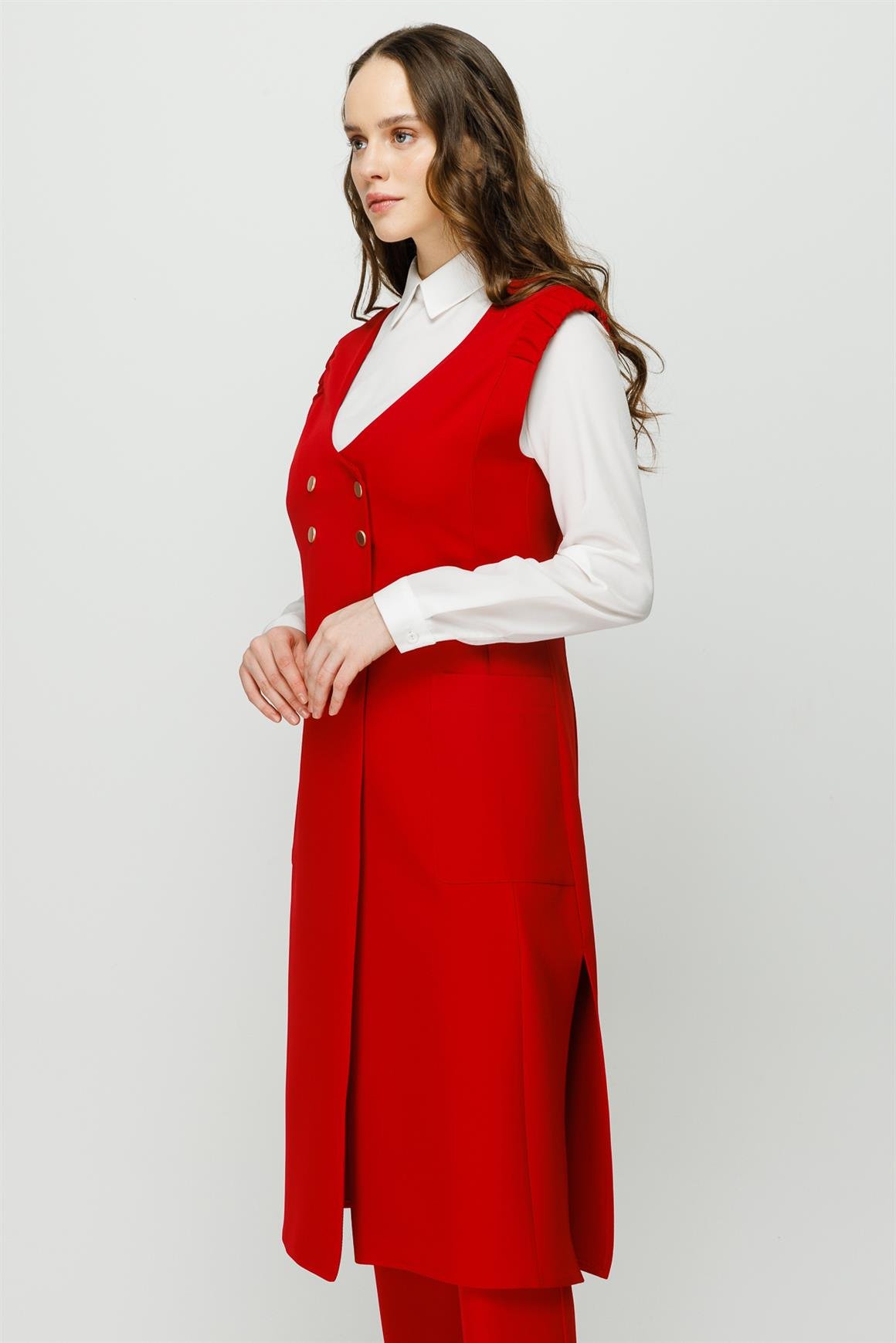 Kruvaze Kapamalı Yelek Pantolon Takım  Kırmızı