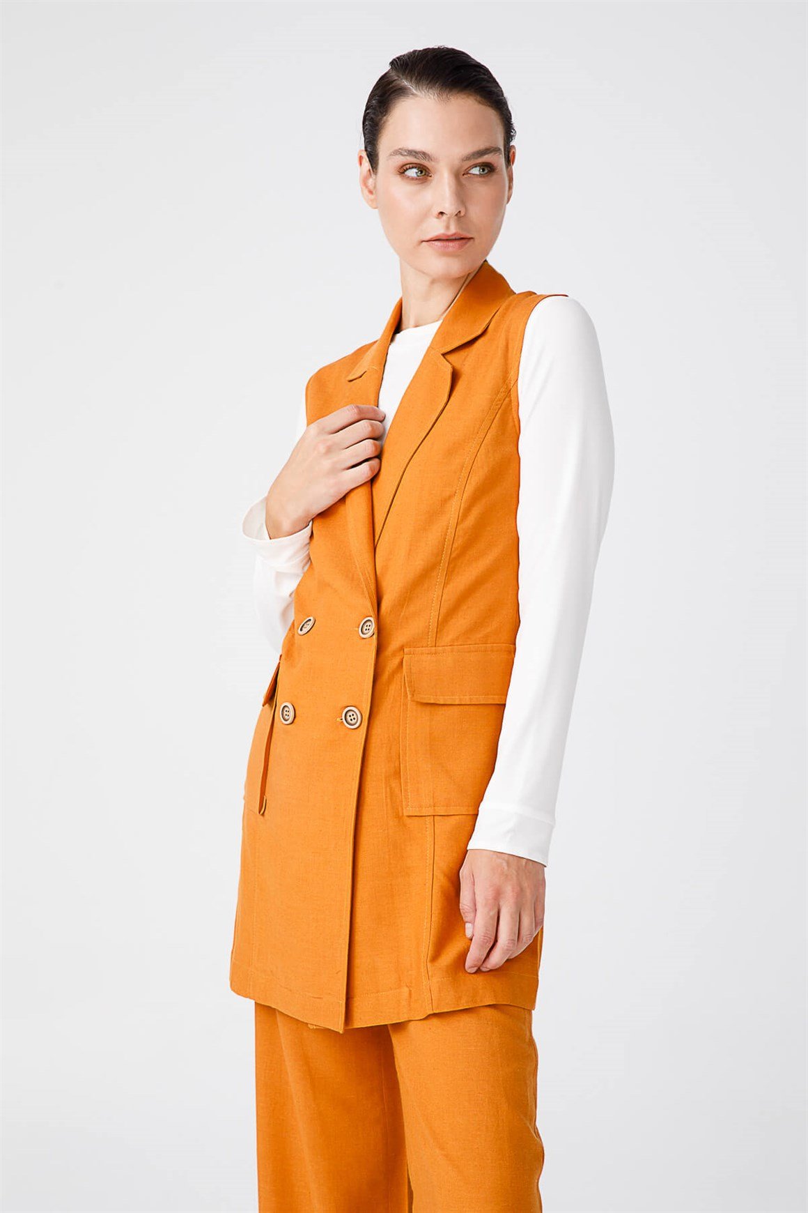 Kruvaze Yelekli Takım  Oranj