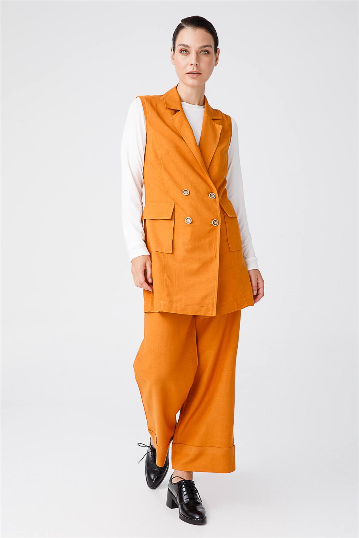 Kruvaze Yelekli Takım  Oranj