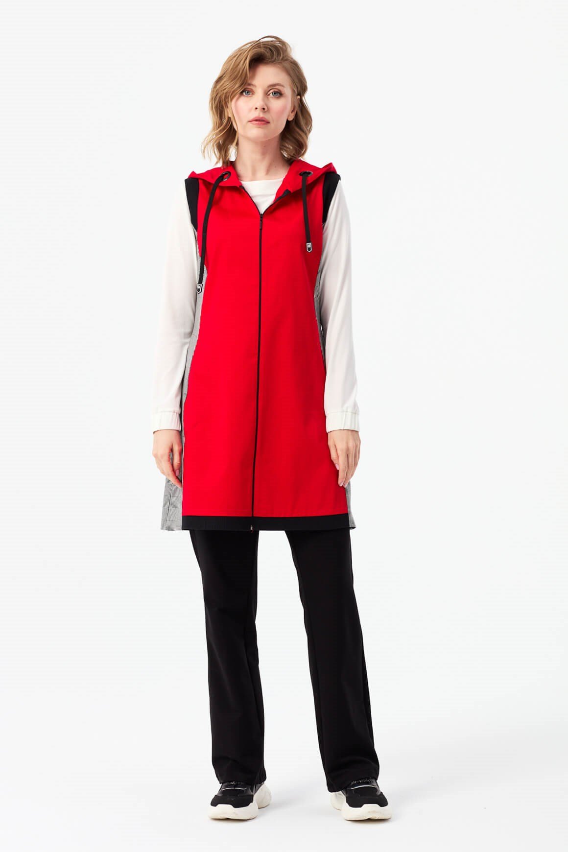 Yanları Ekose Kombinli Ribanalı Yelek  Kırmızı