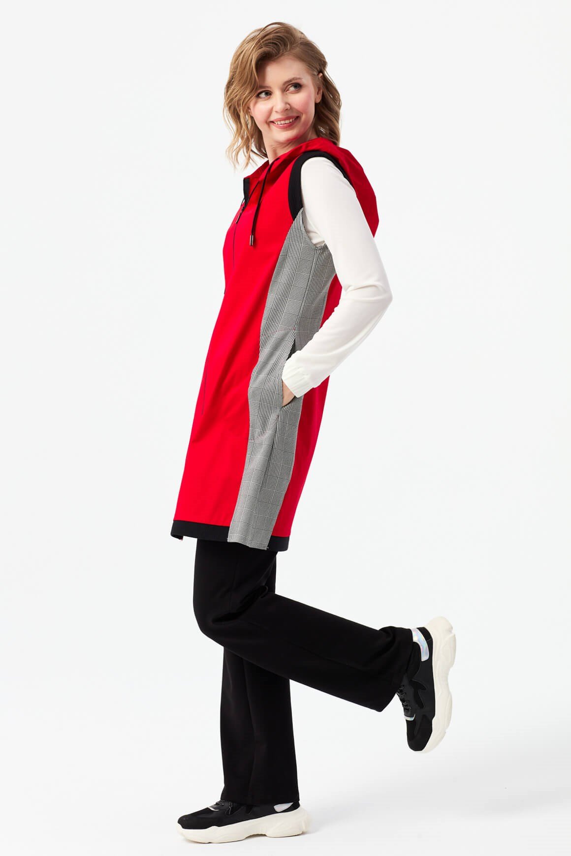 Yanları Ekose Kombinli Ribanalı Yelek  Kırmızı