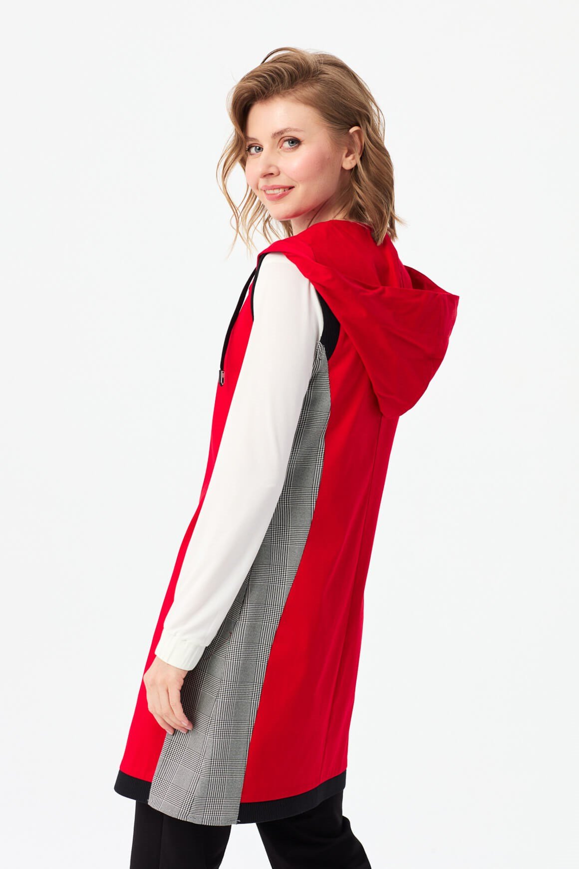 Yanları Ekose Kombinli Ribanalı Yelek  Kırmızı