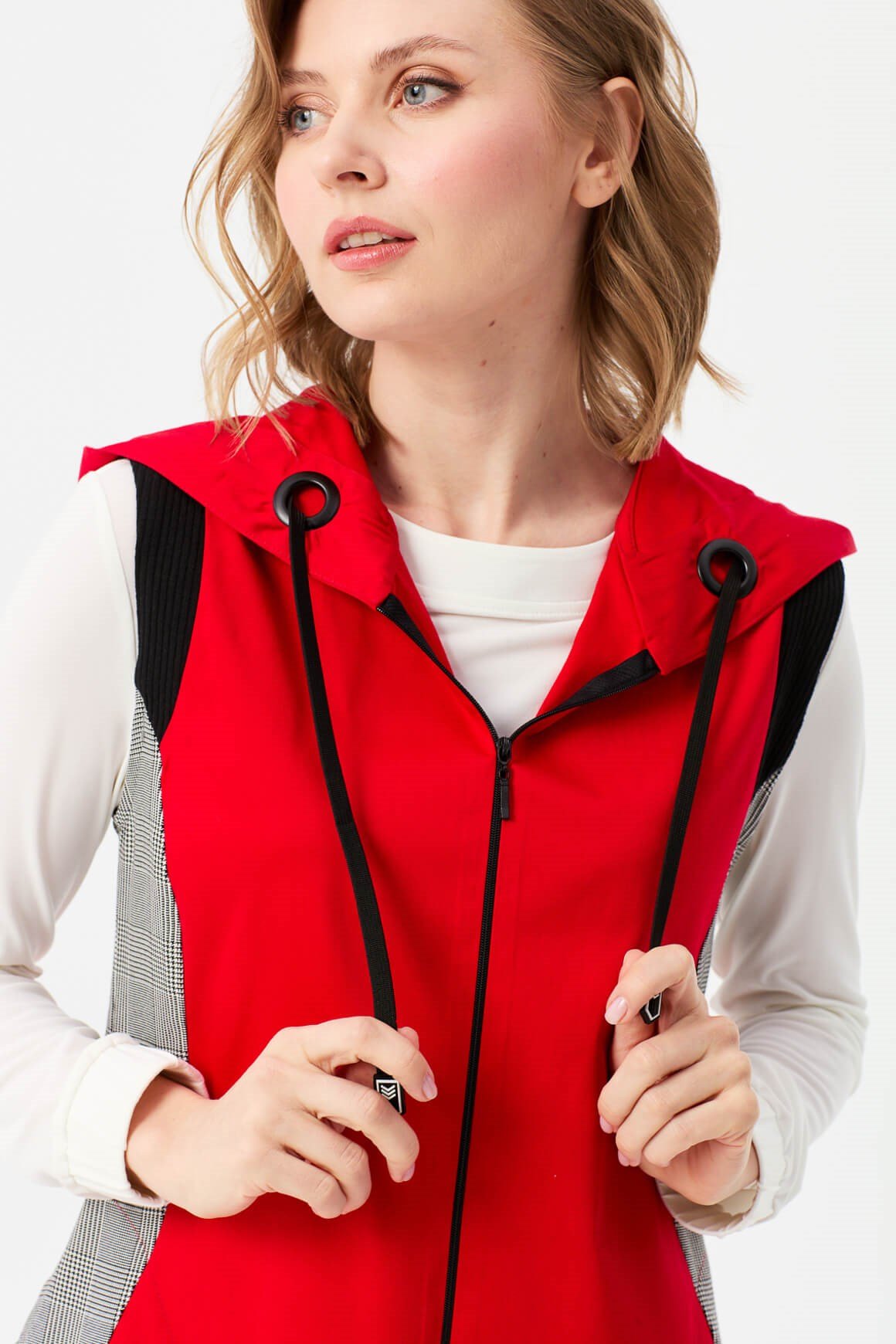 Yanları Ekose Kombinli Ribanalı Yelek  Kırmızı