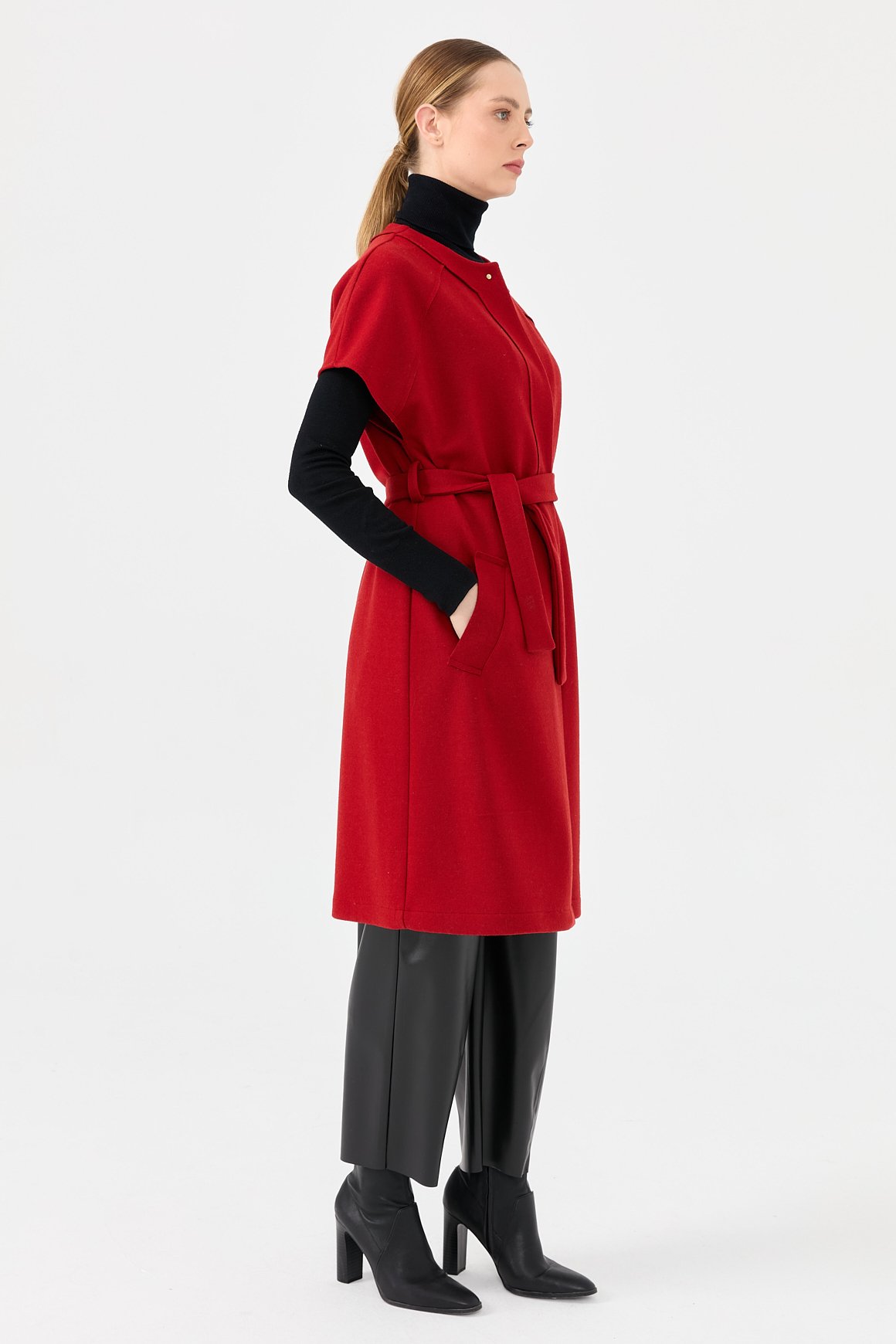 Yün Karışımlı Keçe Yelek  Kırmızı