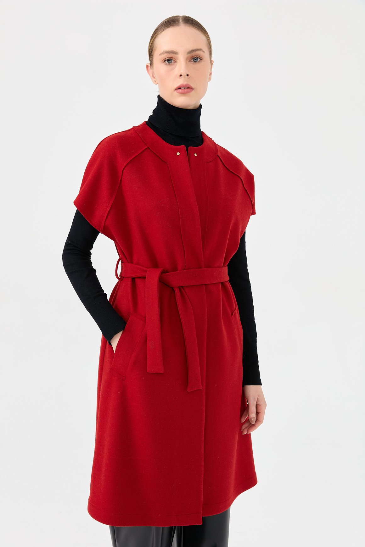 Yün Karışımlı Keçe Yelek  Kırmızı