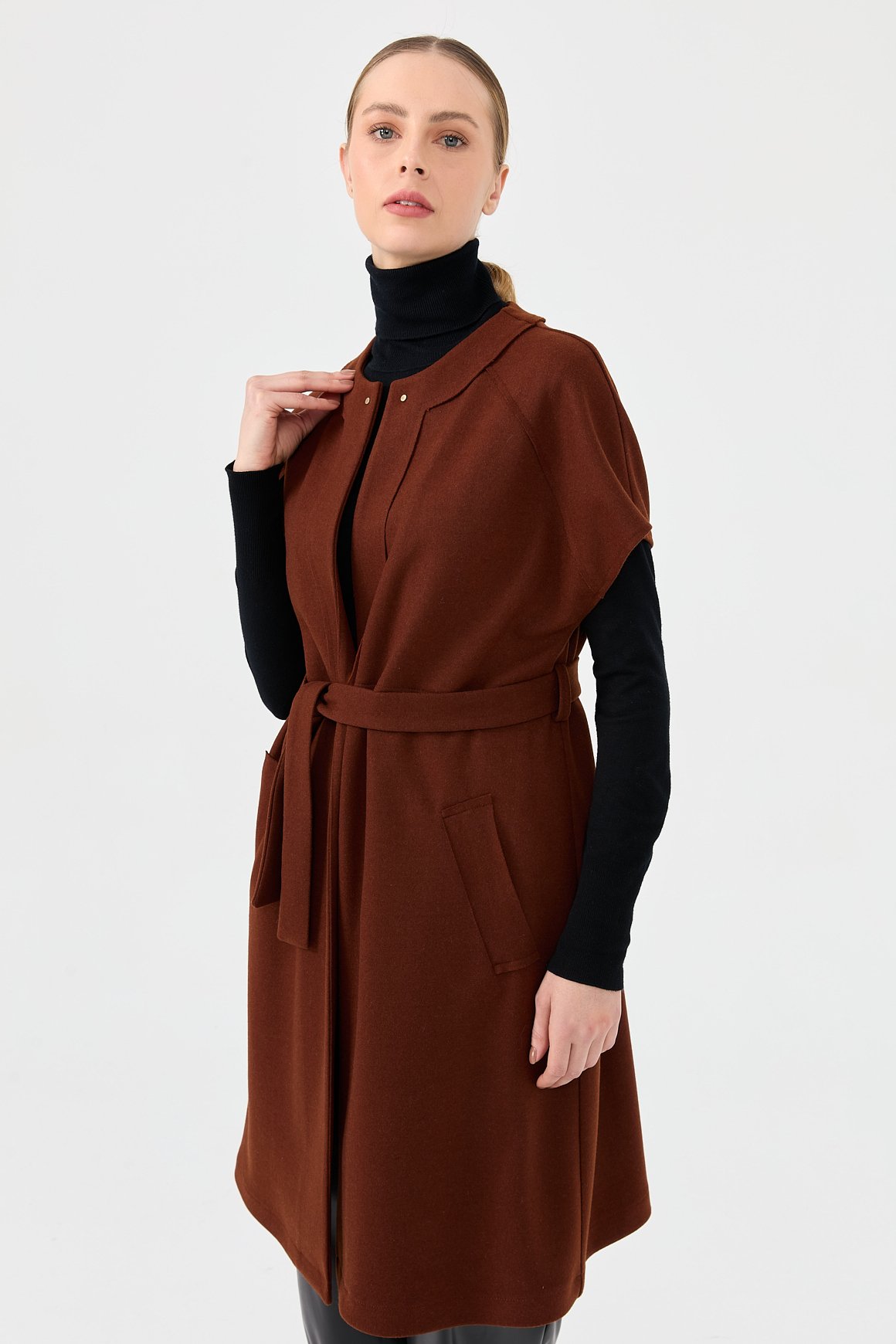 Yün Karışımlı Keçe Yelek  Kahve