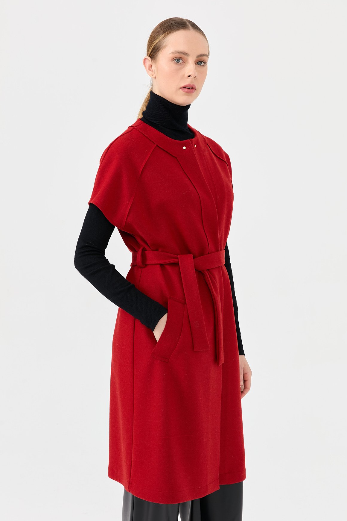 Yün Karışımlı Keçe Yelek  Kırmızı