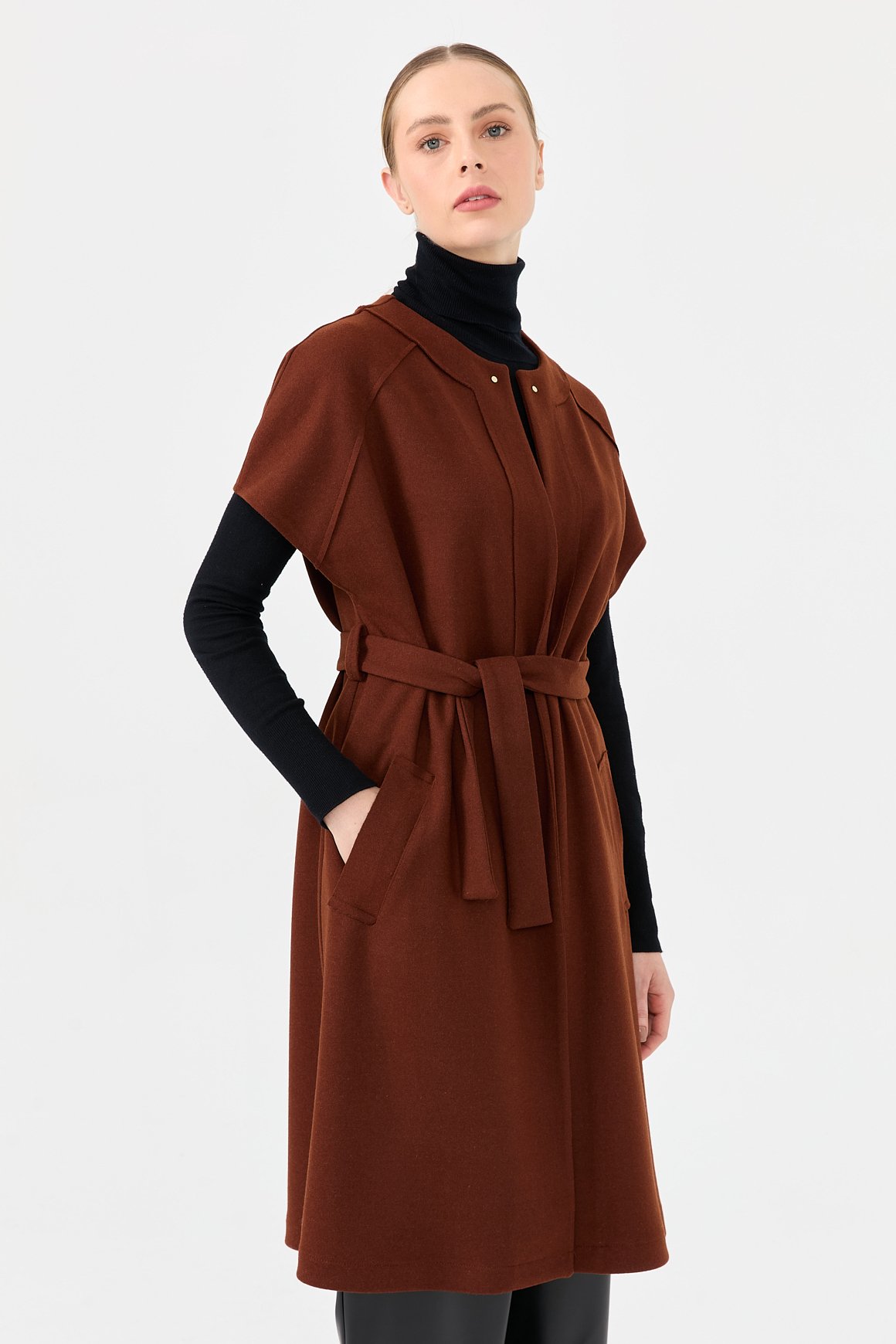 Yün Karışımlı Keçe Yelek  Kahve