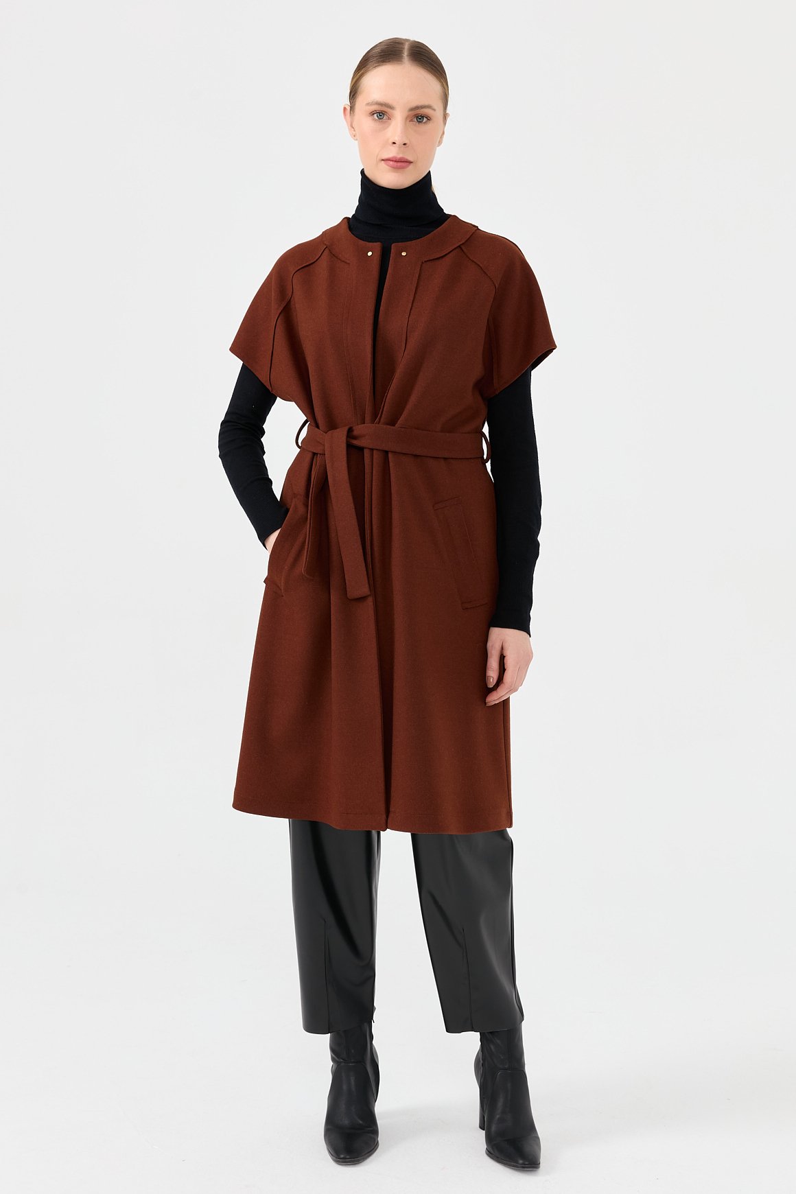 Yün Karışımlı Keçe Yelek  Kahve