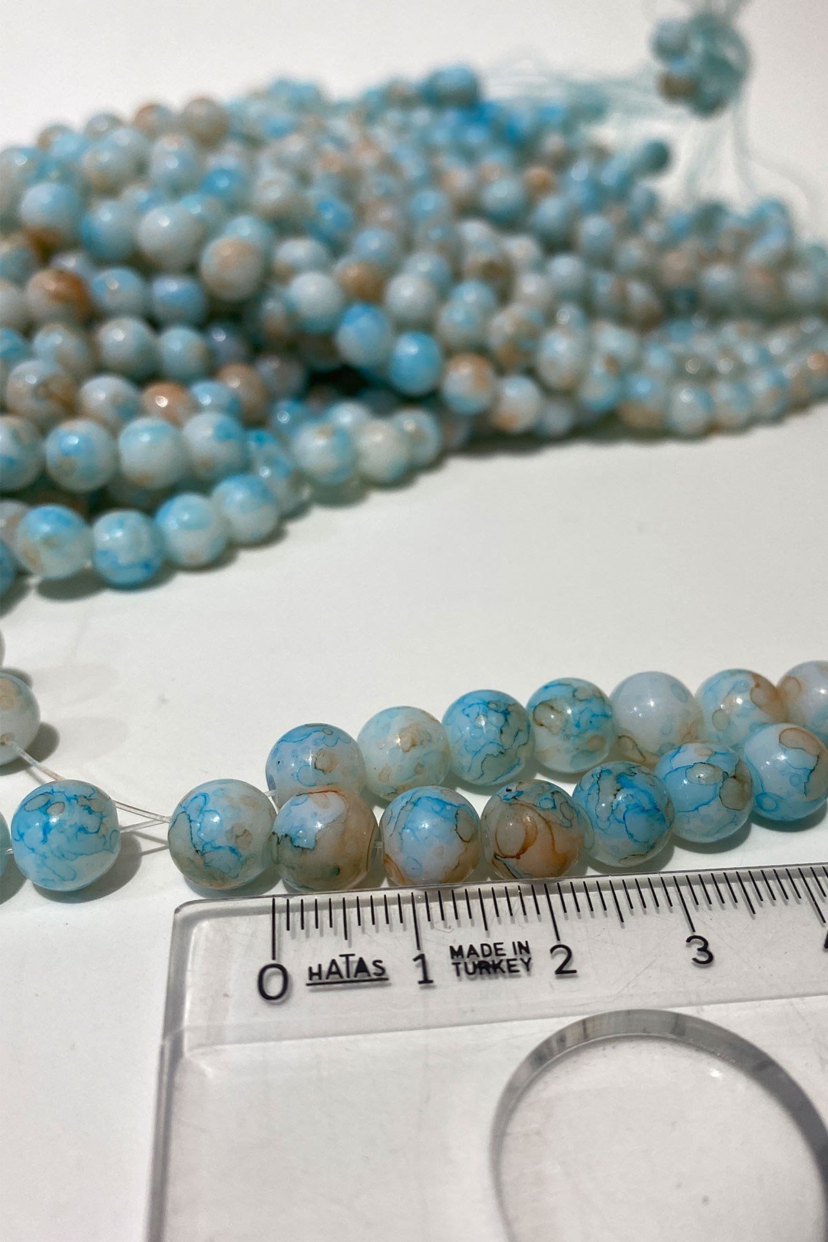 Açık Mavi Desenli Dizi Cam Boncuk 8 mm