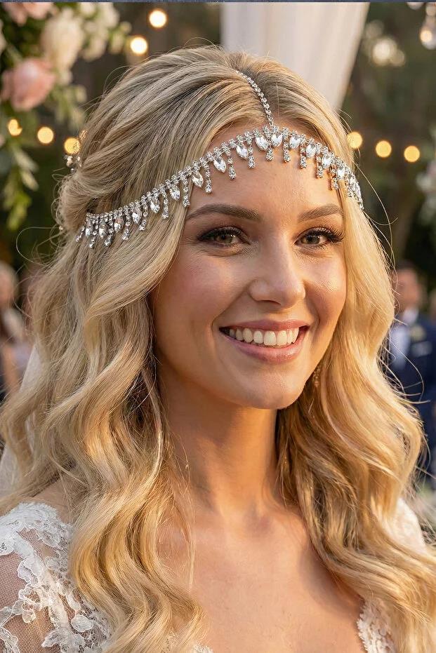 Alınlık Abiye Gelin Baştacı Prenses Tarzı Zincir Saç Aksesuarı