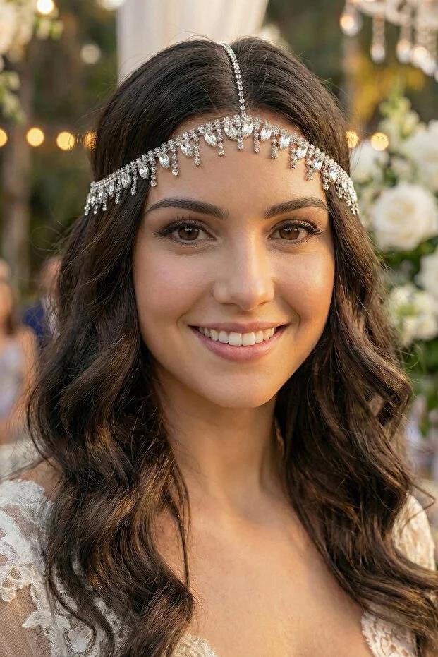 Alınlık Abiye Gelin Baştacı Prenses Tarzı Zincir Saç Aksesuarı