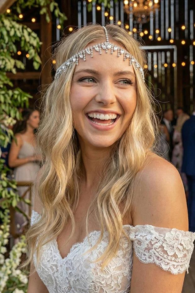 Alınlık Abiye Gelin Baştacı Prenses Tarzı Zincir Saç Aksesuarı