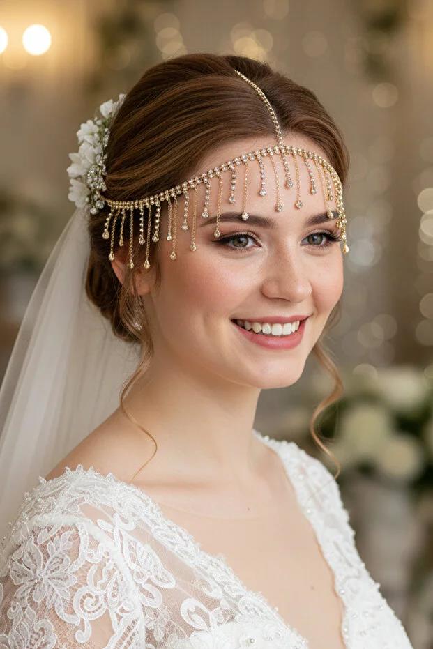 Alınlık Kristal Taşlı Püsküllü Alın Saç Aksesuarı Abiye Nişan Gelin Baştacı