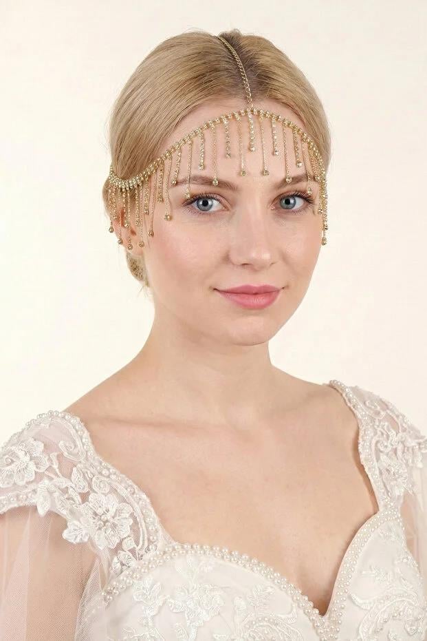 Alınlık Kristal Taşlı Püsküllü Alın Saç Aksesuarı Abiye Nişan Gelin Baştacı