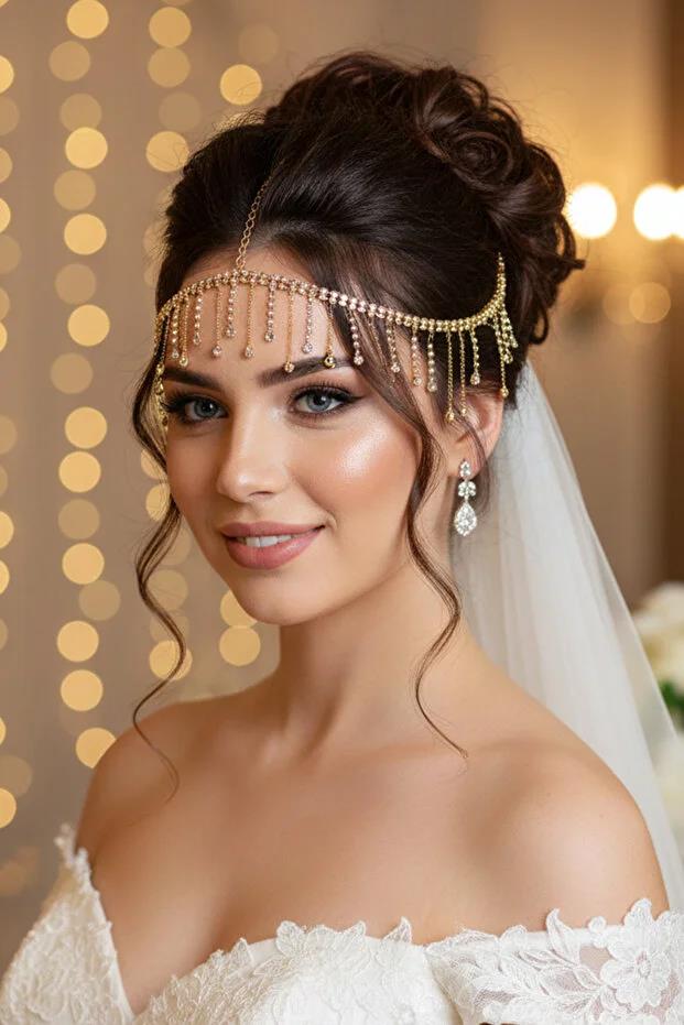 Alınlık Kristal Taşlı Püsküllü Alın Saç Aksesuarı Abiye Nişan Gelin Baştacı