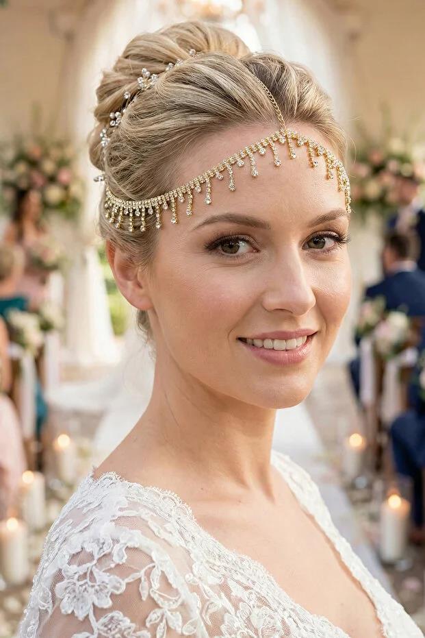 Alınlık Püskül Detaylı Abiye Gelin Baştacı Prenses Tarzı Zincir Saç Aksesuarı